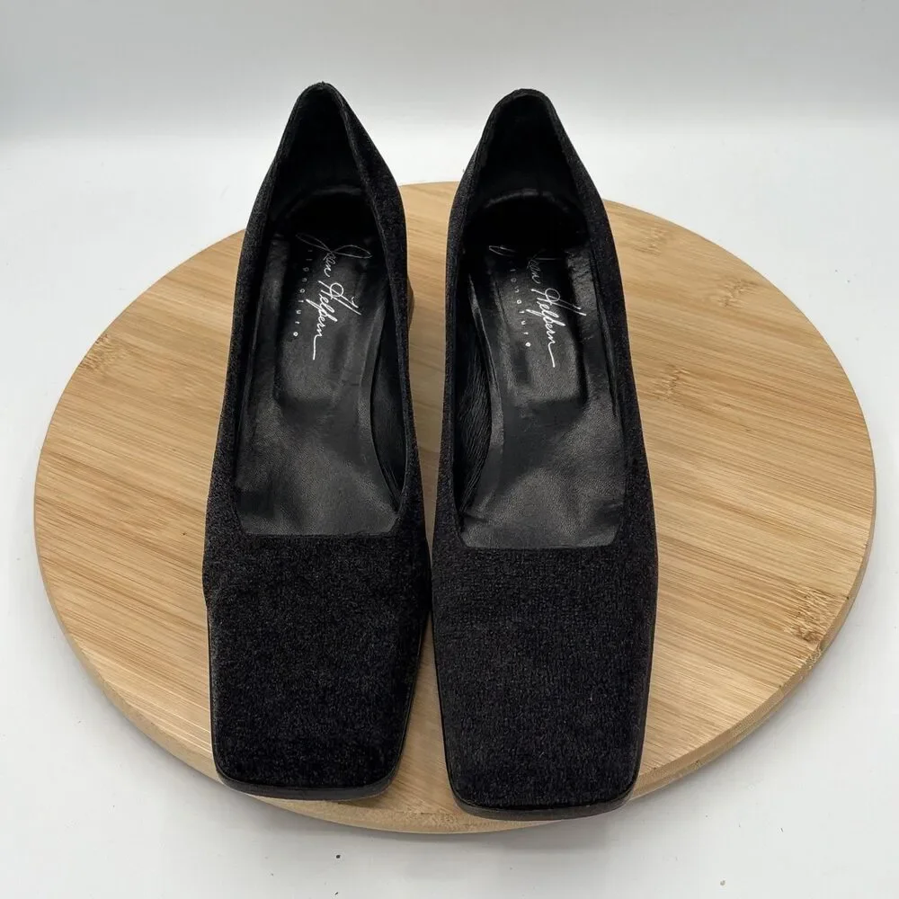 Joan Helpern Signature Pumps 8.5M Black Square Toe Block Heel Made Italy classic